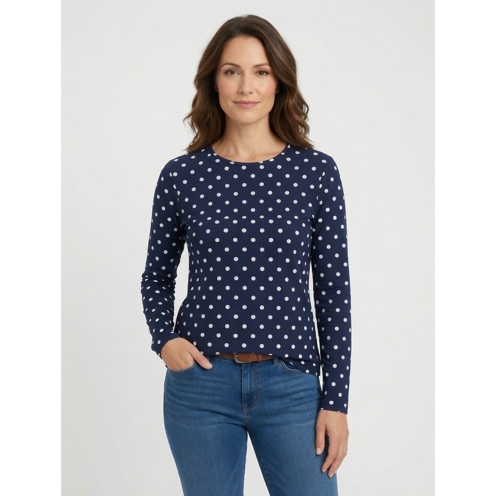 Lands End Top Womens M 8-10 Navy Blue Polka Dot Long Sleeve Crew Neck